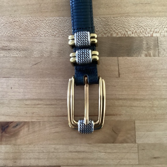 BRIGHTON Vintage 1” Gold & Silver Buckle Black Faux Reptile Leather Belt S 28 - Picture 2 of 7